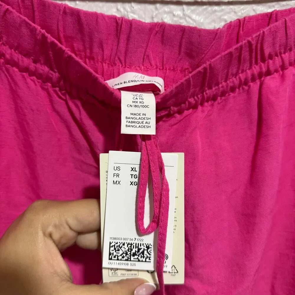 H&M Linen Blend High Waisted Cropped Baggy Pants Hot Pink Women’s Size XL